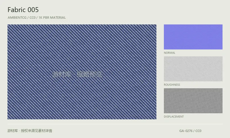 织物材质 · Fabric005:织物表面的 1K PBR 贴图集。使用原始材质包中的颜色、法线等贴图,在游戏引擎中按各贴图用途配置。