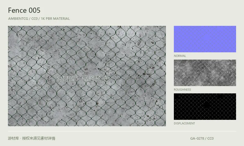 围栏材质 · Fence005：围栏表面的 1K PBR 贴图集。使用原始材质包中的颜色、法线等贴图，在游戏引擎中按各贴图用途配置。