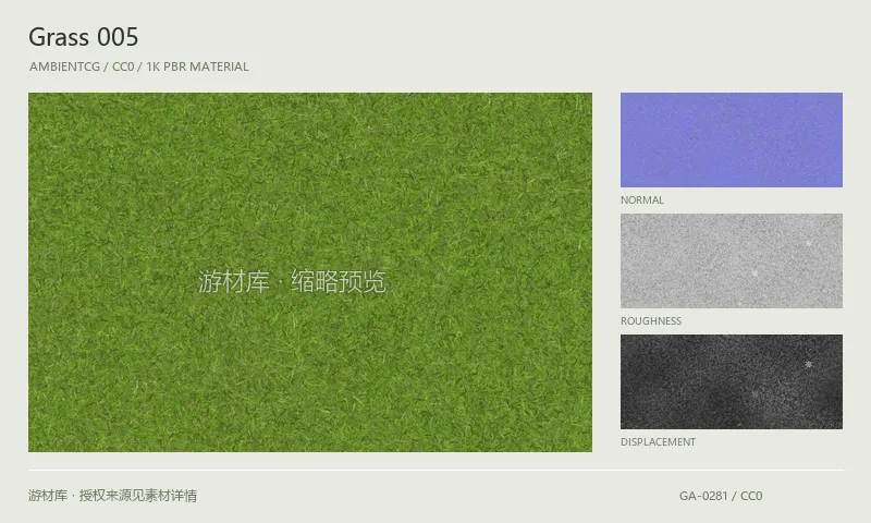 草地材质 · Grass005：草地表面的 1K PBR 贴图集。使用原始材质包中的颜色、法线等贴图，在游戏引擎中按各贴图用途配置。