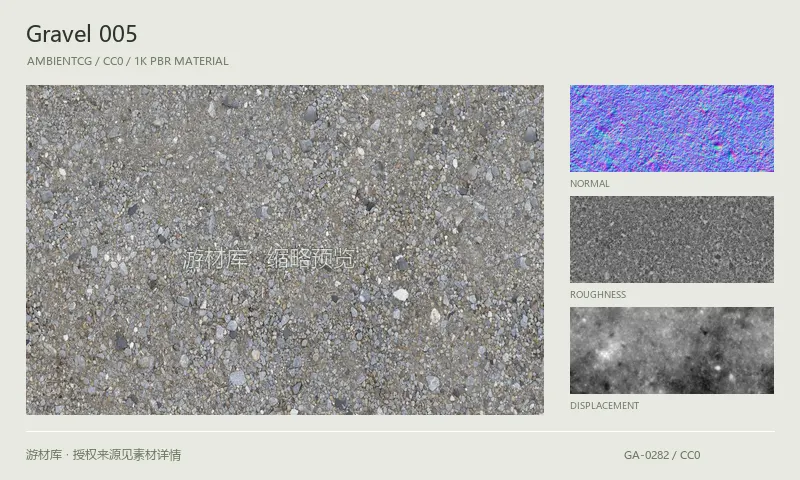 碎石材质 · Gravel005：碎石表面的 1K PBR 贴图集。使用原始材质包中的颜色、法线等贴图，在游戏引擎中按各贴图用途配置。
