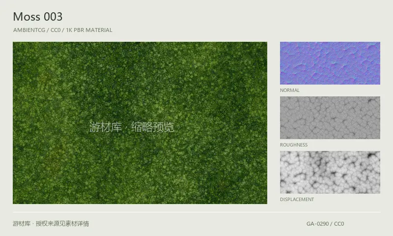 表面材质 · Moss003：表面表面的 1K PBR 贴图集。使用原始材质包中的颜色、法线等贴图，在游戏引擎中按各贴图用途配置。
