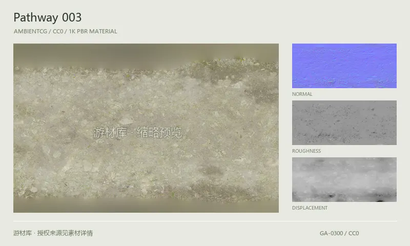 表面材质 · Pathway003：表面表面的 1K PBR 贴图集。使用原始材质包中的颜色、法线等贴图，在游戏引擎中按各贴图用途配置。