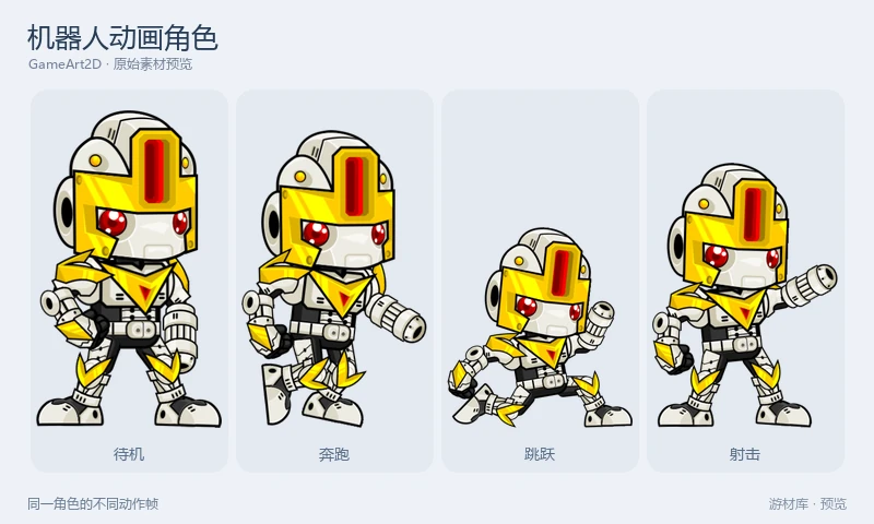 机器人动画角色：一名黄白机器人角色的逐帧图像，包含待机、奔跑、跳跃、射击和滑行等状态。