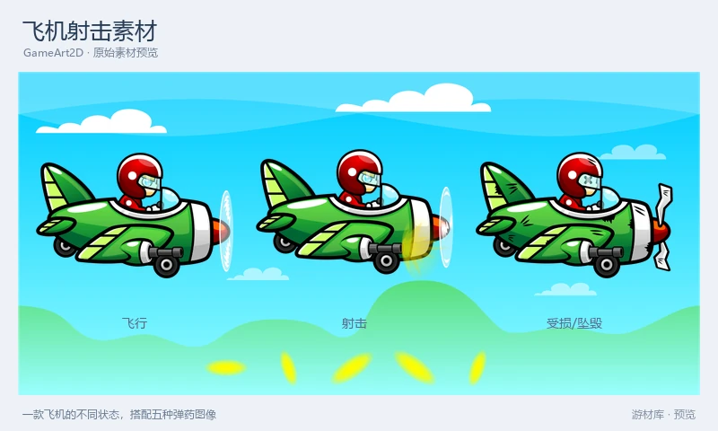 飞机射击素材:一款螺旋桨飞机的飞行、射击和坠毁图像,配有五种弹药图像和天空背景。