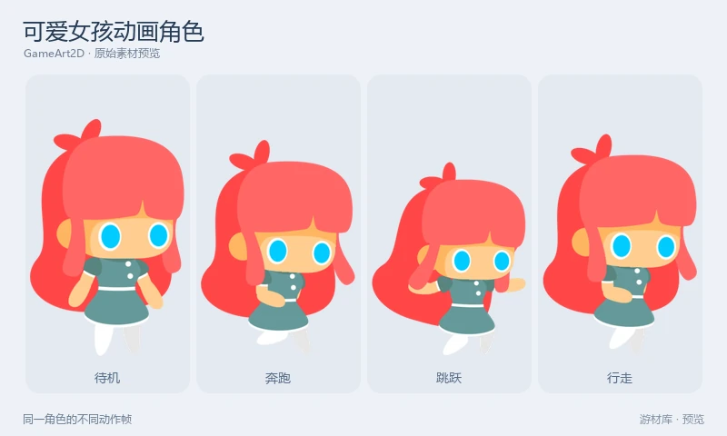 可爱女孩动画角色：一名红发女孩的逐帧角色图像，提供待机、行走、奔跑、跳跃和倒地状态。