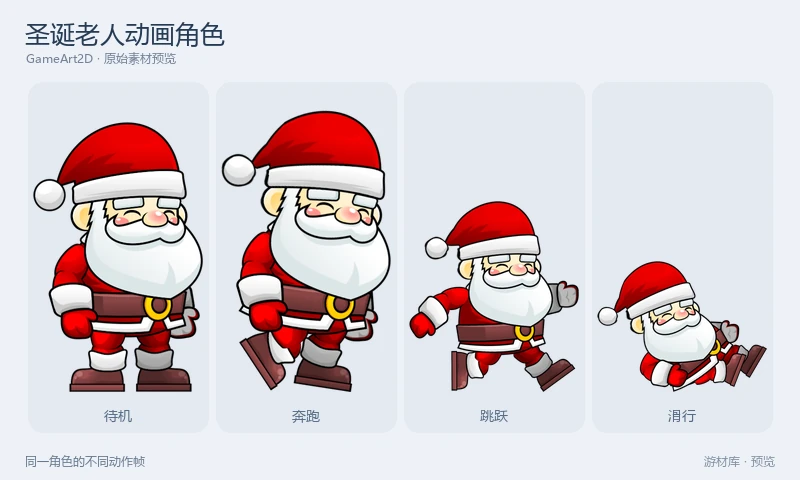 圣诞老人动画角色：一名圣诞老人的待机、行走、奔跑、跳跃、滑行和倒地逐帧图像，另附骨骼动画部件。