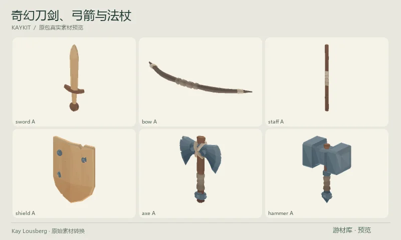 奇幻刀剑、弓箭与法杖:包含剑、斧、锤、匕首、弓箭、盾牌与法杖等低多边形武器模型,适合RPG装备和战斗道具。