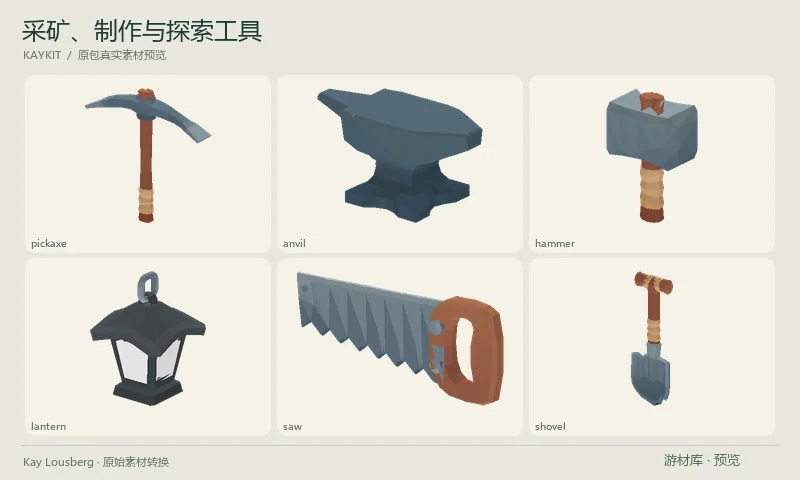 采矿、制作与探索工具:包含铁砧、镐、斧、锤、锯、铲、绳索、灯具与测量工具等模型,适合采集和制作系统的可见道具。