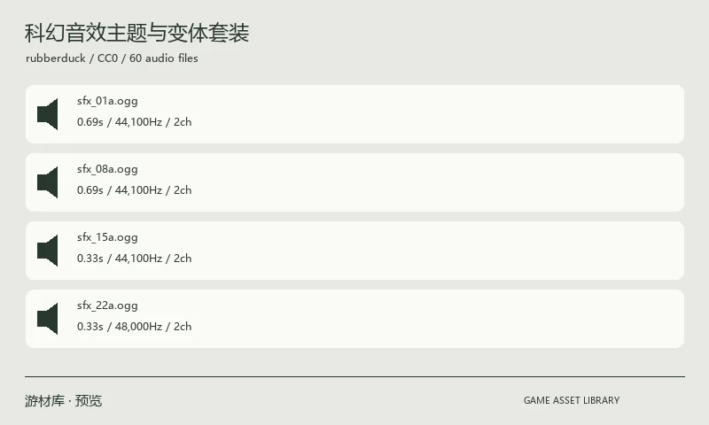 科幻音效主题与变体套装：22 个编号主题的科幻音效变体，共 60 个 OGG 文件；原包文件名保留主题编号与变体字母。