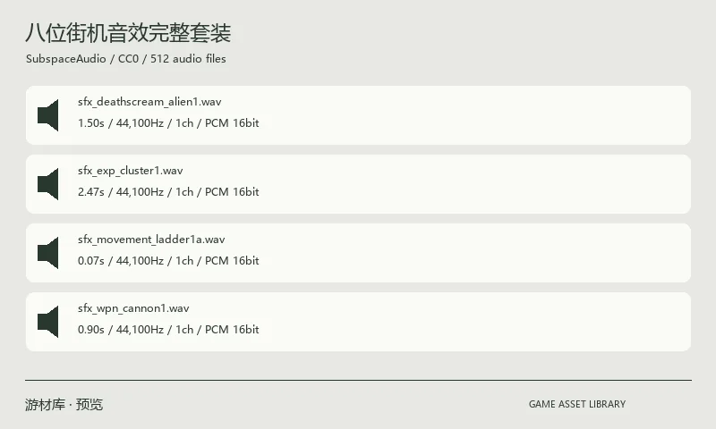 八位街机音效完整套装：512 个按目录整理的八位风格 WAV 音效文件，涵盖角色叫声、爆炸、通用交互、移动和武器。
