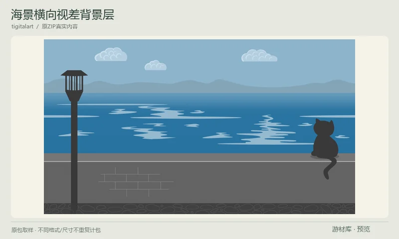 海景横向视差背景层：3840×2160海景背景，原包包含完整成景以及天空、云、山丘、海面和前景等分层PNG，可按项目需求配置横向视差。