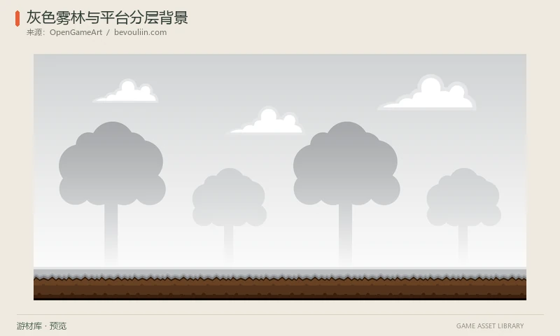 灰色雾林与平台分层背景：灰色云雾、圆冠树与土层平台构成的卡通背景，提供独立PNG层和完整示例。