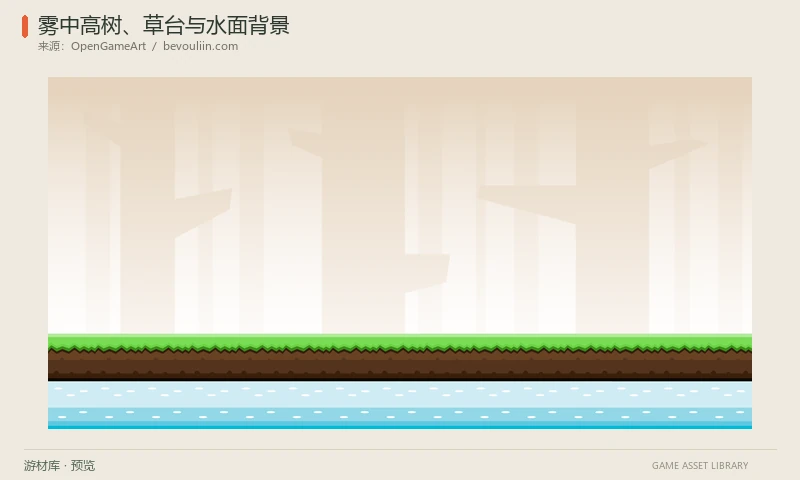 雾中高树、草台与水面背景：浅色高树剪影、绿色平台与蓝色水面组成的横版背景，包含完整示例和独立图层/地块。