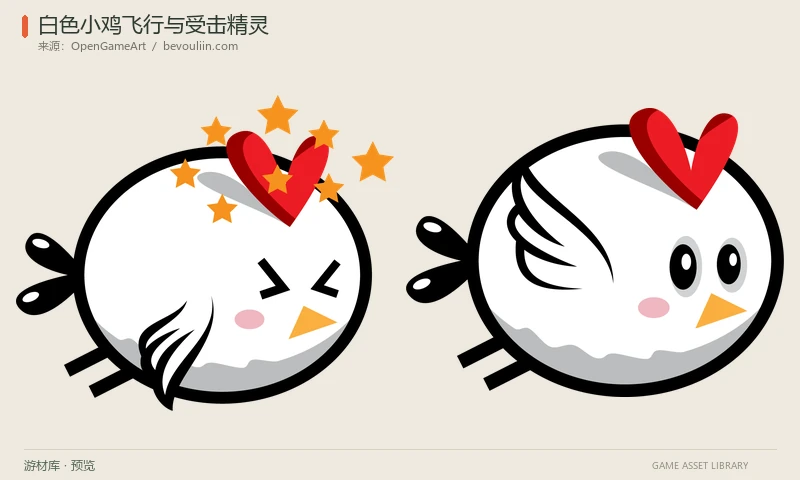 白色小鸡飞行与受击精灵:带红色鸡冠的白色小鸡,提供四帧飞行和两帧受击PNG及GIF参考。
