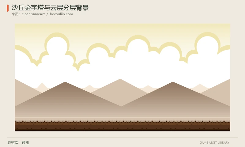沙丘金字塔与云层分层背景：浅棕沙丘、三角金字塔、金色云边和地面组成的卡通横版背景，含完整示例及五层PNG。