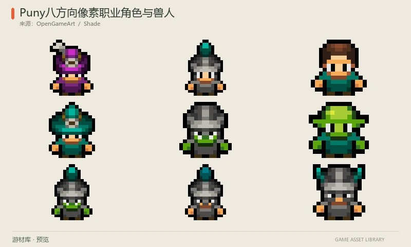 Puny八方向像素职业角色与兽人:32×32画布的人类士兵、弓手、工人、法师和兽人等角色,包含八方向待机、行走、剑击、射箭、施法、投掷、受伤和死亡动作;同一角色的配色均留在一个包内。