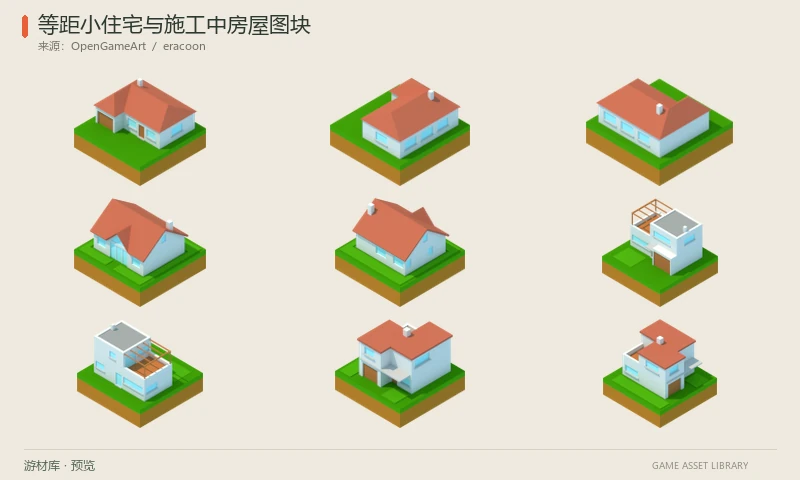 等距小住宅与施工中房屋图块：16款低层住宅及施工阶段房屋的128像素等距渲染图，每款四个方向，附完整PNG、展示图和CC0许可说明。