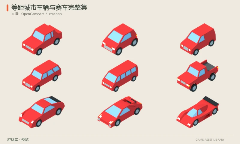 等距城市车辆与赛车完整集：19种城市车辆与赛车的128像素等距渲染图，提供多个方向和十组配色，含普通轿车、旅行车、皮卡及赛车。