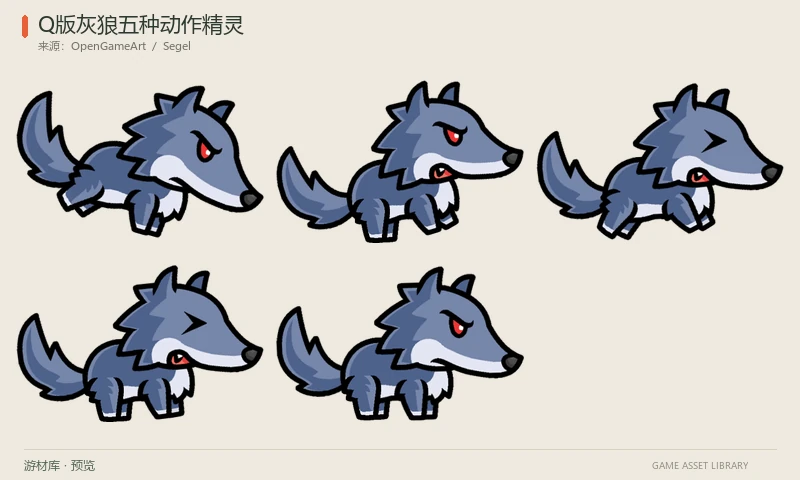 Q版灰狼五种动作精灵：一只蓝灰色Q版狼，提供待机、行走、攻击、受伤和死亡透明PNG序列，共44帧。
