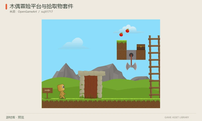 木偶冒险平台与拾取物套件：草地/泥土/钢板图块和木偶角色动作，配宝箱、香蕉/番茄/茄子、梯子、门、篱笆、斧头与指示牌，含完整关卡示例。