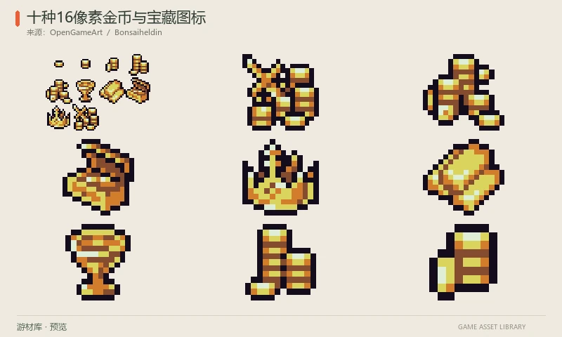 十种16像素金币与宝藏图标:单枚及堆叠金币、金杯、金条、宝箱、王冠和金堆插剑,使用DawnBringer十六色调色板,提供整表及逐枚PNG。