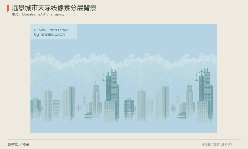 远景城市天际线像素分层背景：淡蓝灰城市楼群、天空与雾气分层，附完整场景PNG和PSD，适合横向滚动城市远景。
