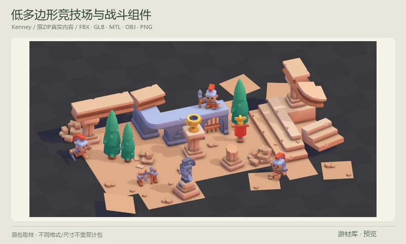 低多边形竞技场与战斗组件：小型罗马竞技场主题3D套件，包含士兵、墙体、台阶、柱子、旗帜、地面和道具，并提供角色动画。角色OBJ文件只是空stub，动画与角色应使用原包FBX或GLB；预览来自原包作者Sample。