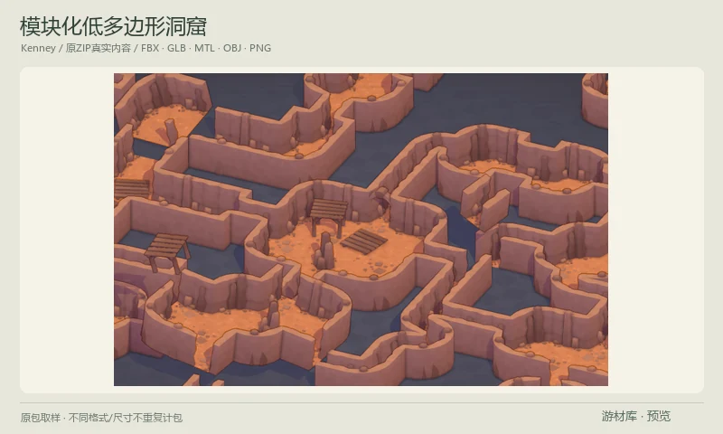 模块化低多边形洞窟：低多边形模块化洞窟3D套件，包含房间、走廊、阶梯、门洞、梯子和岩壁模板，并附纹理变化，可组合地下探索关卡。