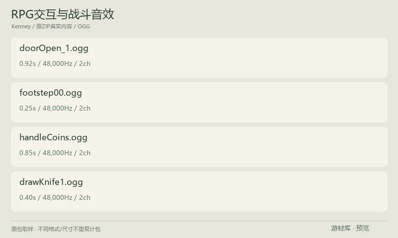 RPG交互与战斗音效：RPG交互OGG音效，包含开关门、脚步、书本、钱币、拔刀、衣物和金属物件等声音，适合室内探索、物品操作与近战反馈。