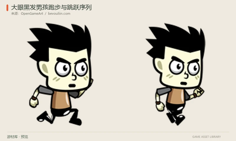 大眼黑发男孩跑步与跳跃序列：黑发棕衣大眼男孩的奔跑与跳跃透明PNG序列，共68帧，适合横版角色移动原型。
