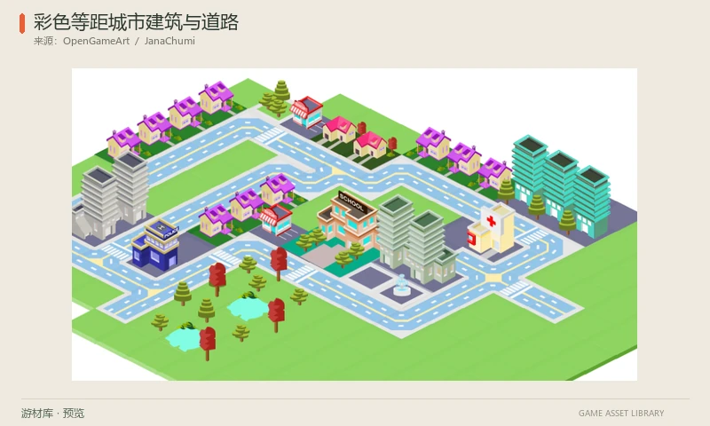 彩色等距城市建筑与道路：等距道路、灌木、五类树、喷泉、湖、警局、学校、医院、商店、楼房和小住宅，附城市组合示例。