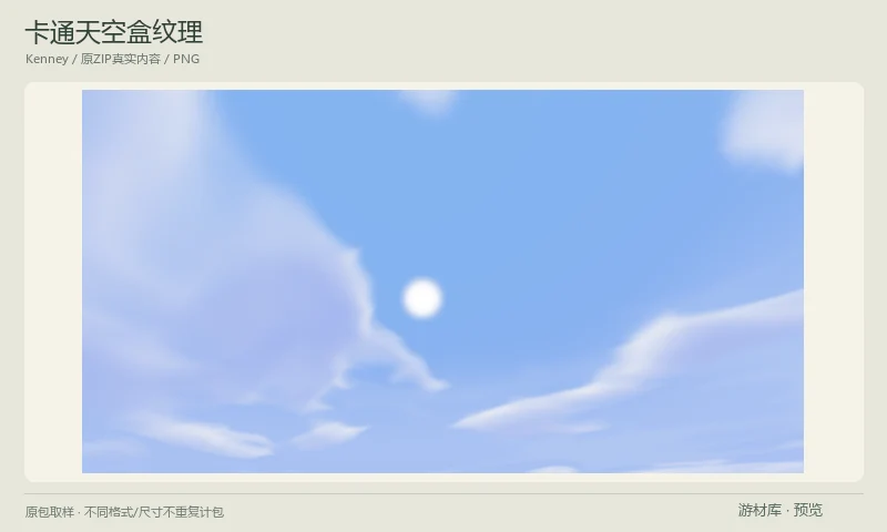 卡通天空盒纹理：五张4096×2048等距柱状天空全景PNG，包含日间、清晨、夜晚、太空与异星天空，适合三维天空环境；预览使用原包作者日间天空应用示例。