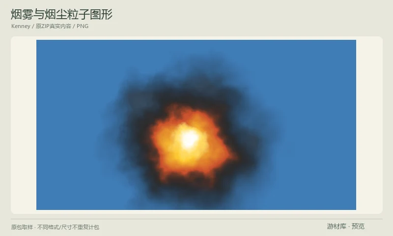 烟雾与烟尘粒子图形:烟雾与爆炸烟尘透明PNG图形,包含不同扩散形态和尺寸,可在引擎粒子系统中组合拖尾、爆炸烟和消散。