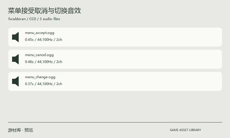 菜单接受取消与切换音效：接受、取消与切换三种菜单反馈音效，原包为三个 OGG 文件。