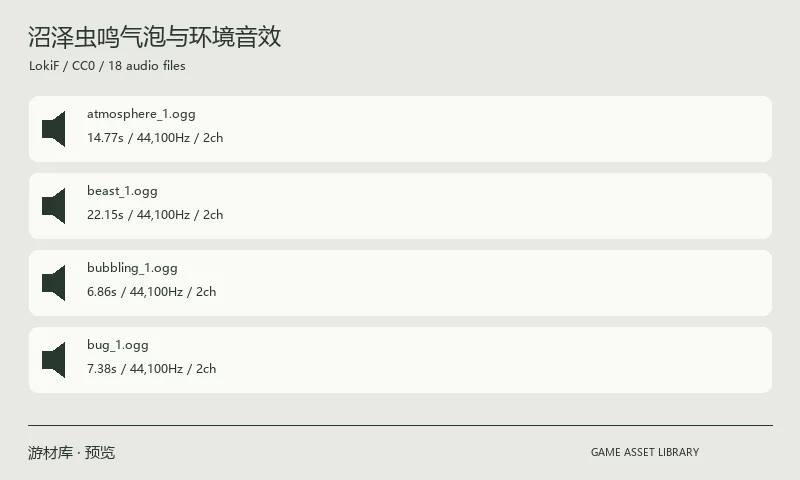 沼泽虫鸣气泡与环境音效：18 个 OGG 文件，包含虫鸣、蝉鸣、蟋蟀、气泡、兽声和环境气氛；作者说明以数字合成为主。