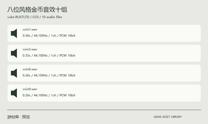 八位风格金币音效十组：使用 CFXR 制作的十个八位风格金币获取音效，原包为 WAV 文件。