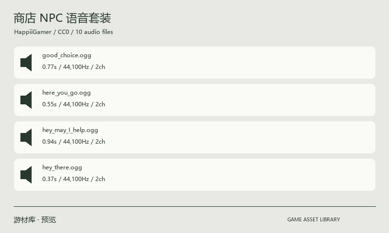 商店 NPC 语音套装：十条商店 NPC 语音文件，以 welcome、thanks、here_you_go 等问候与交易场景命名。
