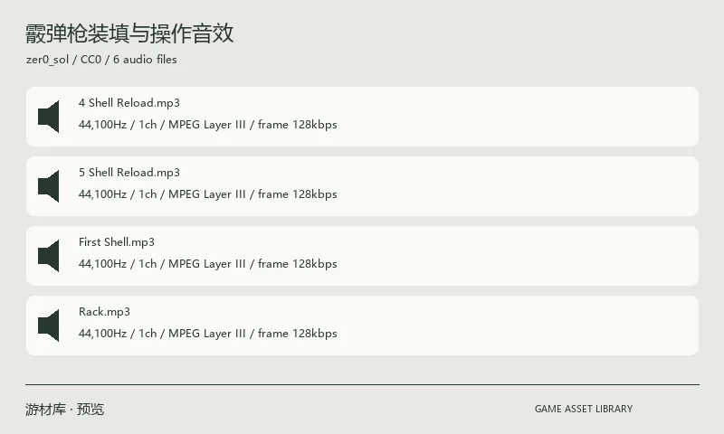 霰弹枪装填与操作音效：六个 MP3 片段，包含单发与连续装填、四发和五发装填以及拉动枪机等操作。