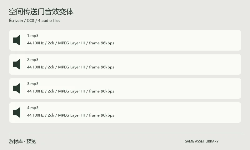 空间传送门音效变体：同一个空间传送门音效的四个 MP3 变体，以一个完整原作者包收录。