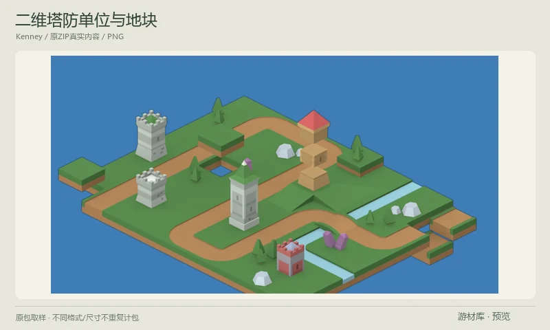 二维塔防单位与地块：等距二维塔防PNG图形，含防御塔、敌人、地块、树木、岩石与水晶等物件，用于等距路径防守地图；素材是二维预渲染图形。