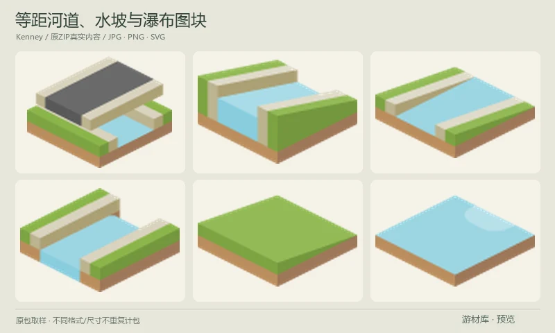 等距河道、水坡与瀑布图块：等距二维水域地形PNG及SVG源文件，包含高低桥、河岸坡地、落差水流、瀑布与衔接地块，适合为等距地图增加河道高度变化。
