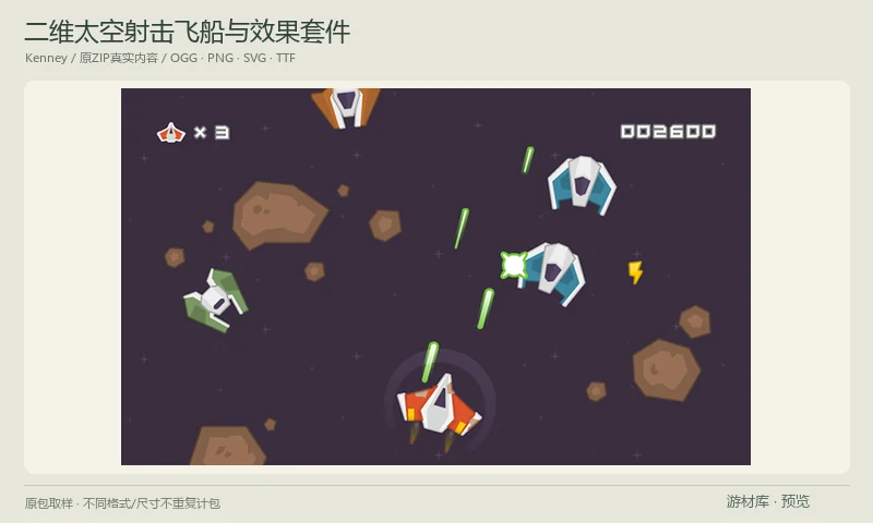 二维太空射击飞船与效果套件:俯视太空射击PNG与矢量套件,包含玩家飞船、敌机、陨石、激光、护盾、拾取物和界面图形,附KenVector字体;适合组合飞船战斗画面。