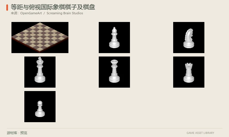 等距与俯视国际象棋棋子及棋盘:国际象棋六类棋子、黑白双方与多种棋盘,含等距和俯视PNG图表、材质版本及Tiled相关文件。