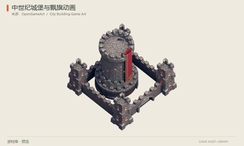 中世纪城堡与飘旗动画：带城墙、角塔和中央主堡的等距城堡PNG，附红色旗帜动画及Blend源模型。