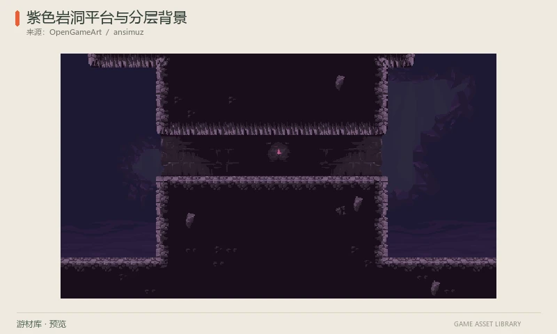 紫色岩洞平台与分层背景:紫色岩洞平台地块、洞壁与分层远景,提供PNG及分层PSD源图和CC0许可文件。
