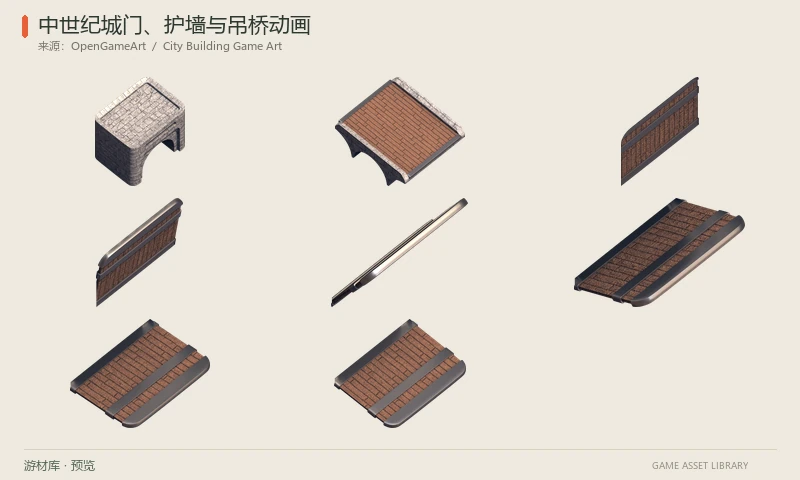 中世纪城门、护墙与吊桥动画：等距城门、护墙和吊桥部件PNG，含吊桥开合序列及Blend源模型。