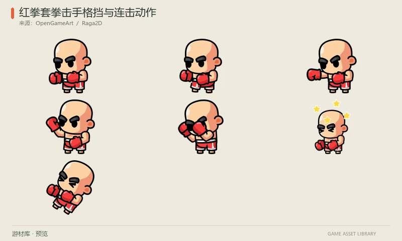 红拳套拳击手格挡与连击动作：一名红拳套拳击手的待机、前后步、直拳、上勾拳、格挡、受击、眩晕和倒地PNG序列。