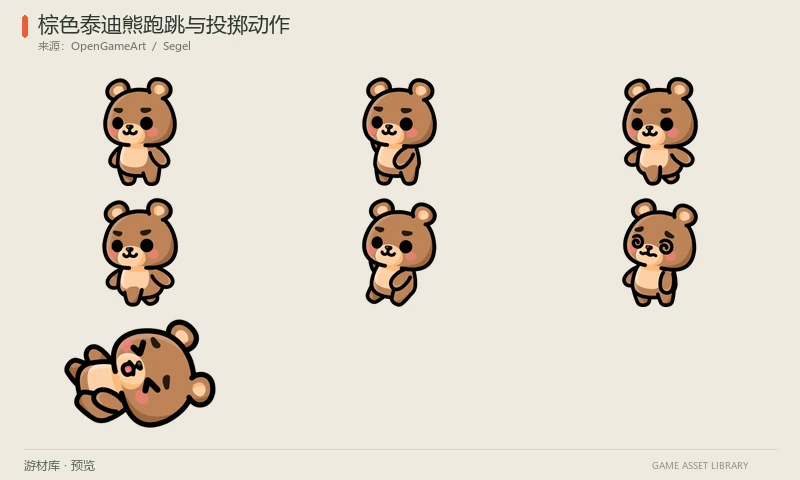 棕色泰迪熊跑跳与投掷动作:一只棕色泰迪熊的待机、投掷、行走、奔跑、跳跃、跳跃投掷、受伤、眩晕和倒地PNG序列。