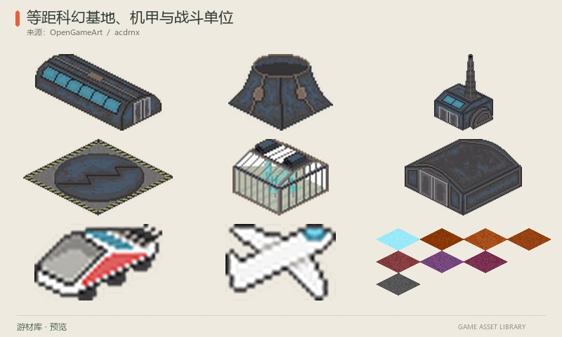 等距科幻基地、机甲与战斗单位：科幻基地建筑和升级阶段，配机甲、士兵、车辆、无人机、沙虫、地形和界面图，含PNG动作与Aseprite源文件。