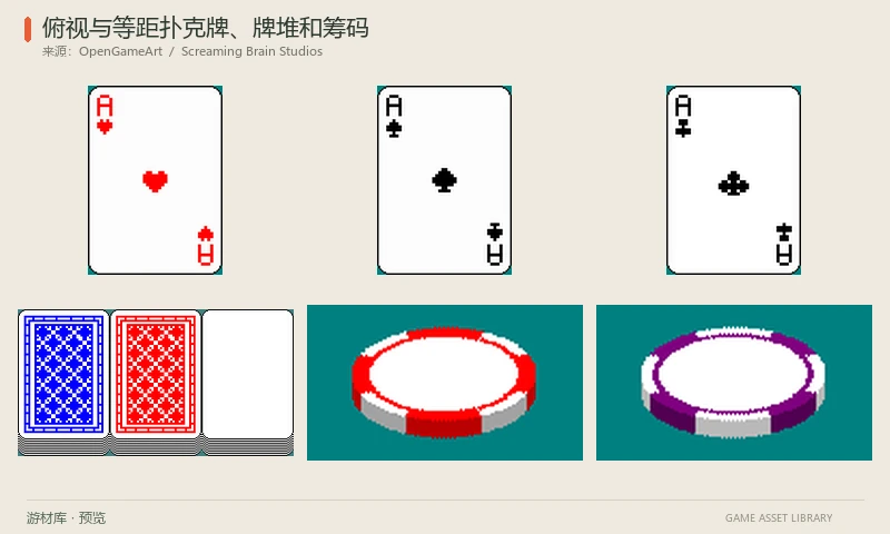 俯视与等距扑克牌、牌堆和筹码：四种花色的几何扑克牌、牌背、牌堆及筹码，含俯视和等距角度PNG图表与自定义模板。